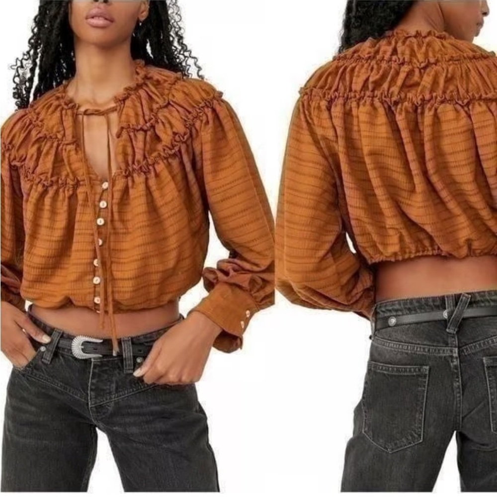 Free People Hailey Cropped Boho Ruffle Festival Blouse Top Large